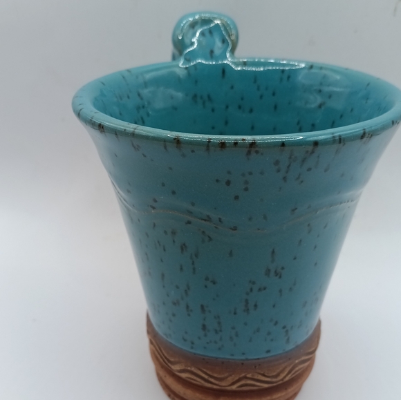 Art Pottery Teal Speckled Ceramic Coffee Tea Mug Signed - Picture 3 of 6